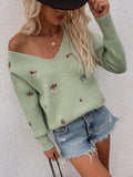 floral embroidery v neck sweater