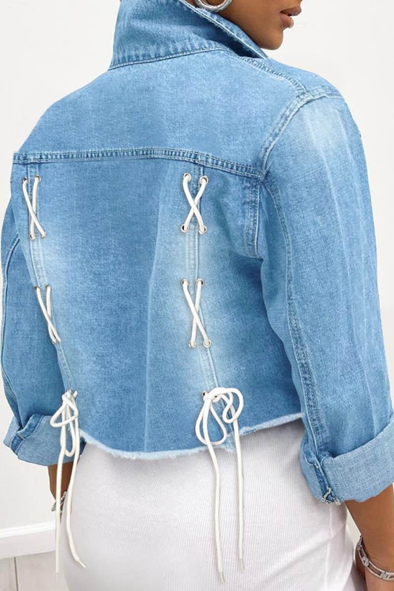 Casual Solid Draw String Turndown Collar Long Sleeve Regular Denim Jacket