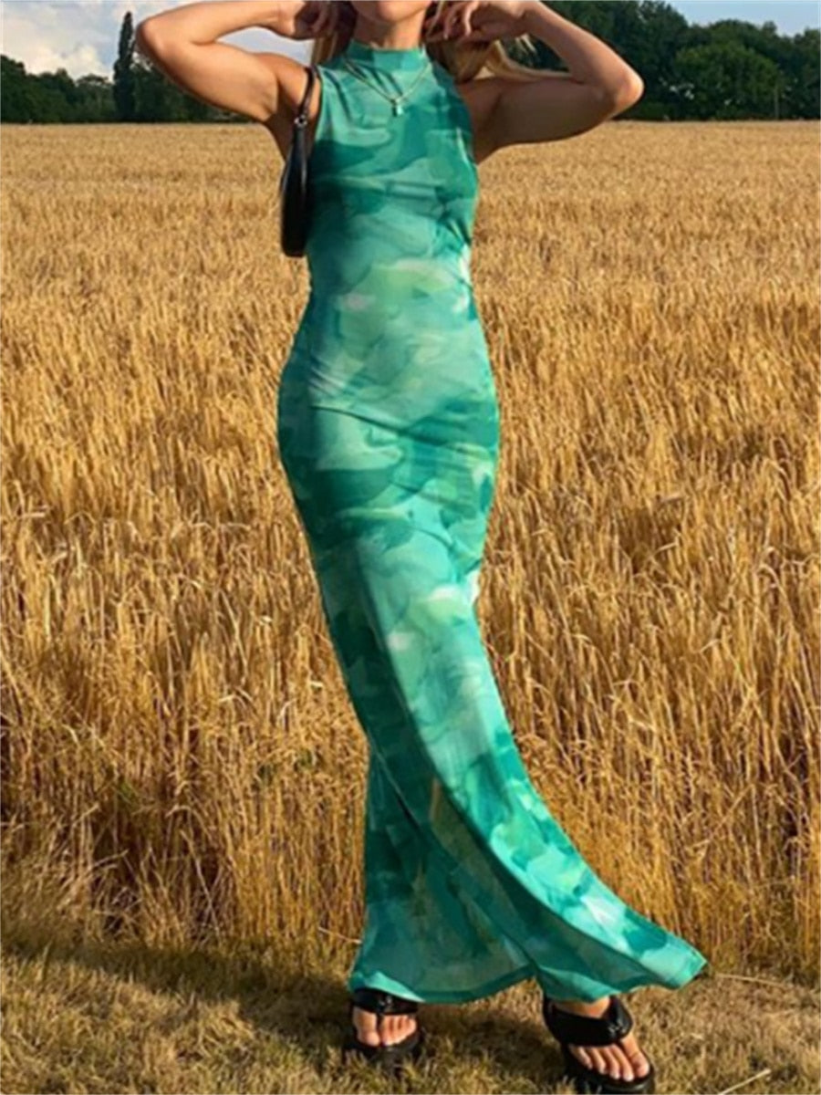 tie dye halter high split wrap tank dress