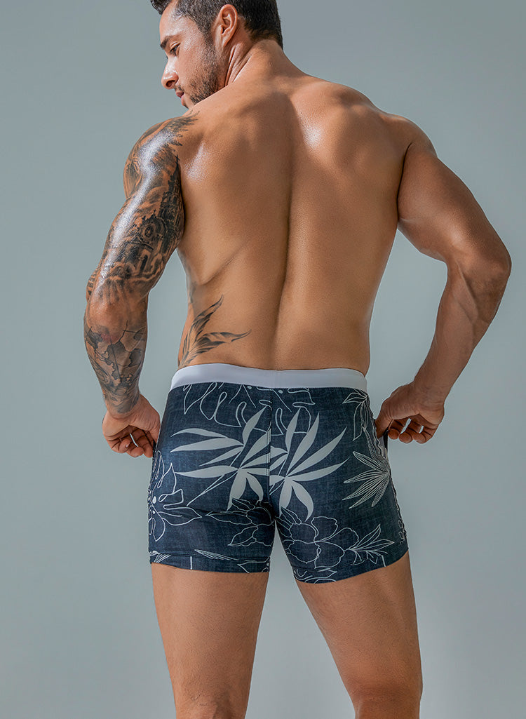 botanical print drawstring elastic waist boxer shorts