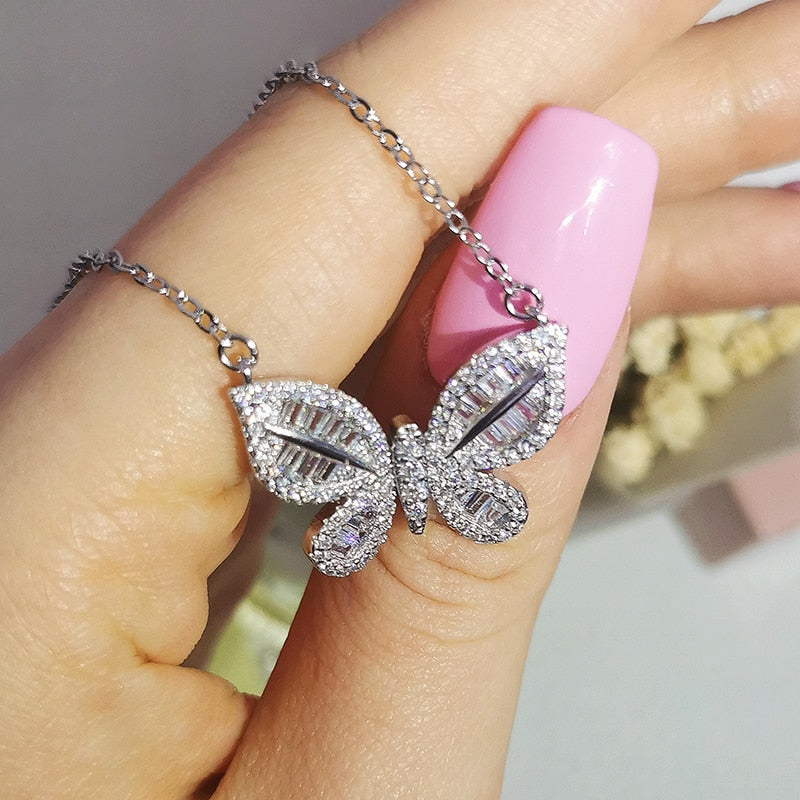butterfly shaped rhinestones earrings necklace set
