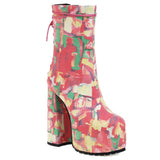 printed square high heel ankle boots