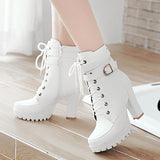 round toe platform square high heel lace up boots