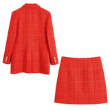 tweed vintage v neck blazer and hight waist skirt