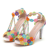 colored floral ankle strap stilettos