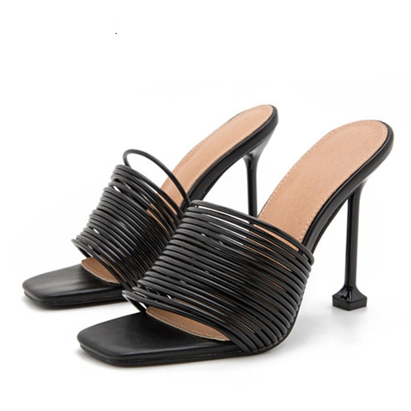 square toe striped leather high heel