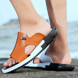 leather stitches two tone outdoor slippers