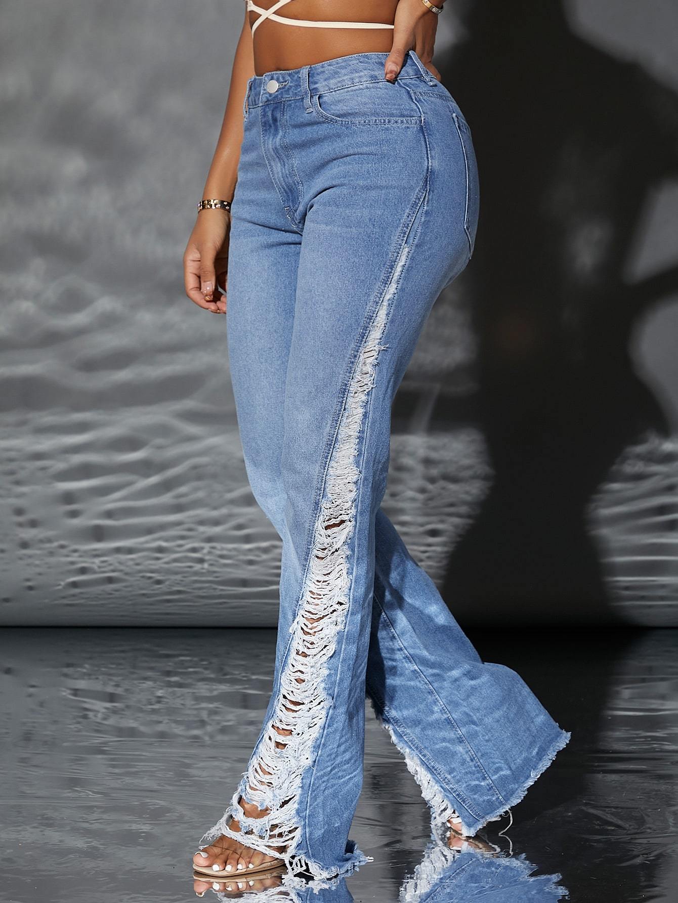leg side ripped flare high waist jeans
