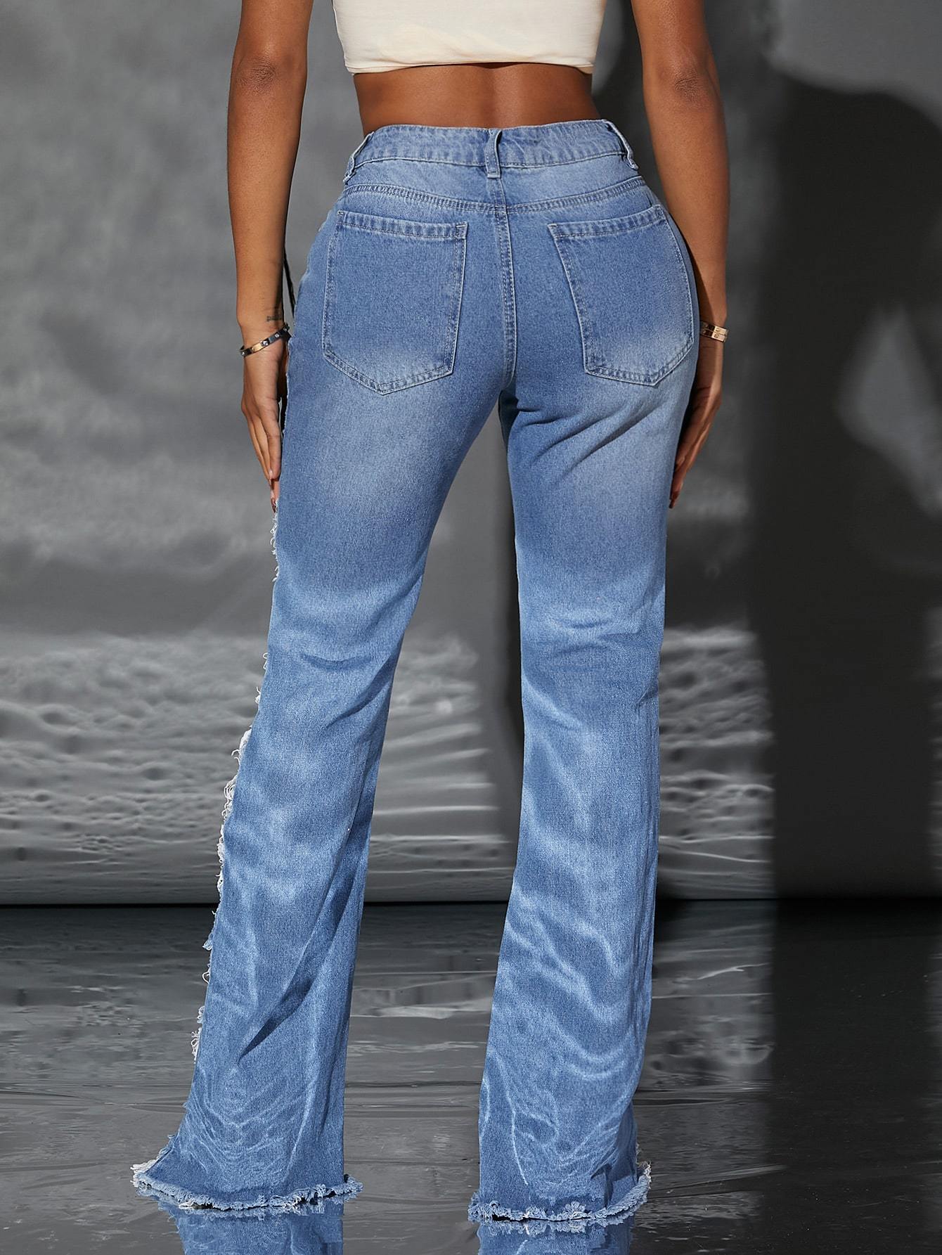 leg side ripped flare high waist jeans