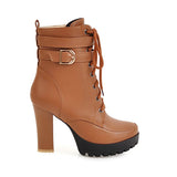 round toe platform square high heel lace up boots