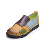 patchwork genuine leather slip on round toe loafers