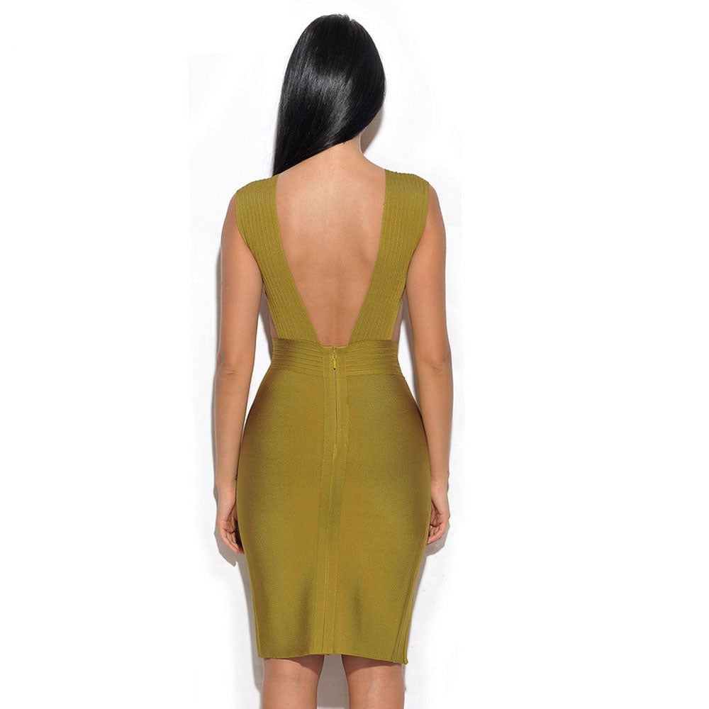 deep v neck knee length side split dress