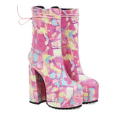 printed square high heel ankle boots