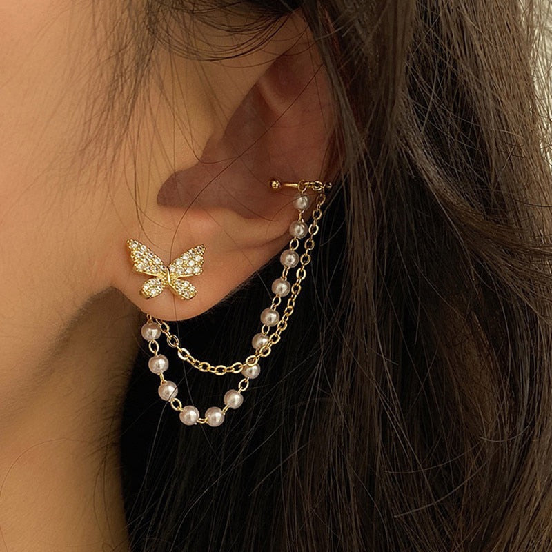 pearl chain butterfly tassel earring