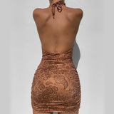 neck mounted pleated print bodycon dress