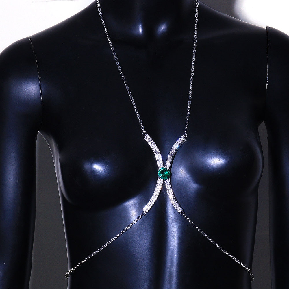 green crystal chest bracket bra chain harness body jewelry