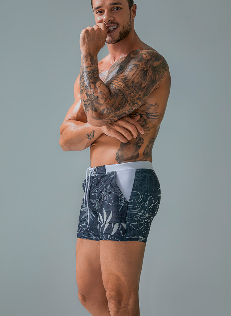 botanical print drawstring elastic waist boxer shorts
