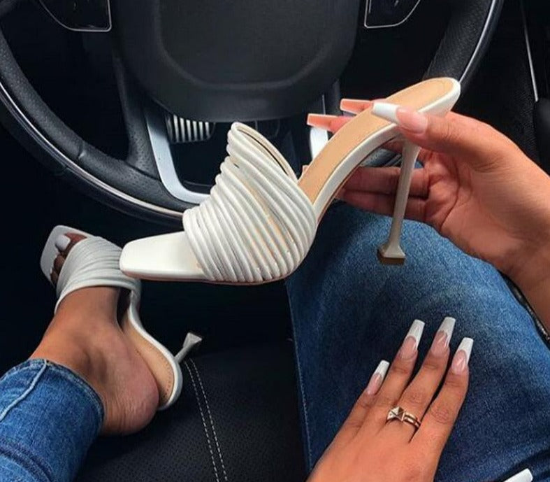 square toe striped leather high heel