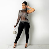 long sleeves sparkly rhinestone see through jumpsuit