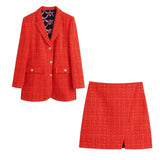 tweed vintage v neck blazer and hight waist skirt