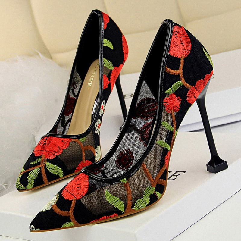 flower embroidery mesh insert lace high heels