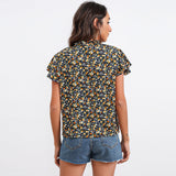 ditsy floral flutter sleeve half button down top