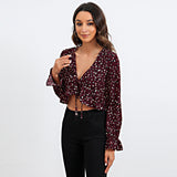 printed tie front ruffle hem cropped top
