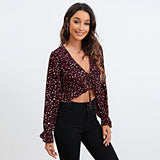 printed tie front ruffle hem cropped top