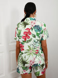 botanical print turndown collar top matching shorts
