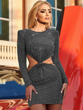 glittery long sleeve bodycon hollow out dress