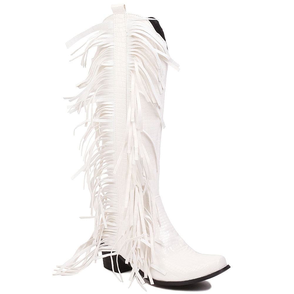 chunky leather tassels high heels boots