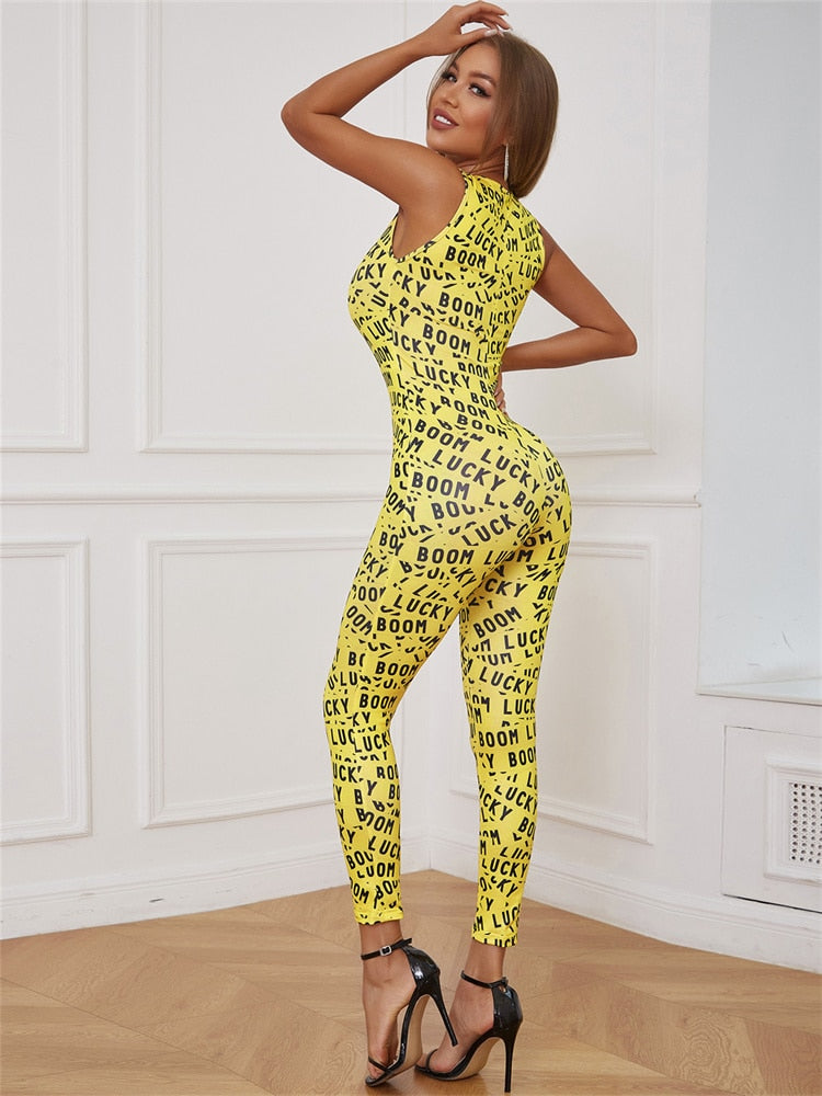 boom lucky letter print hipster bodycon jumpsuit