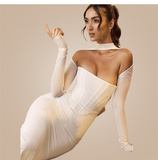 strapless long sleeve double layers mesh midi dress