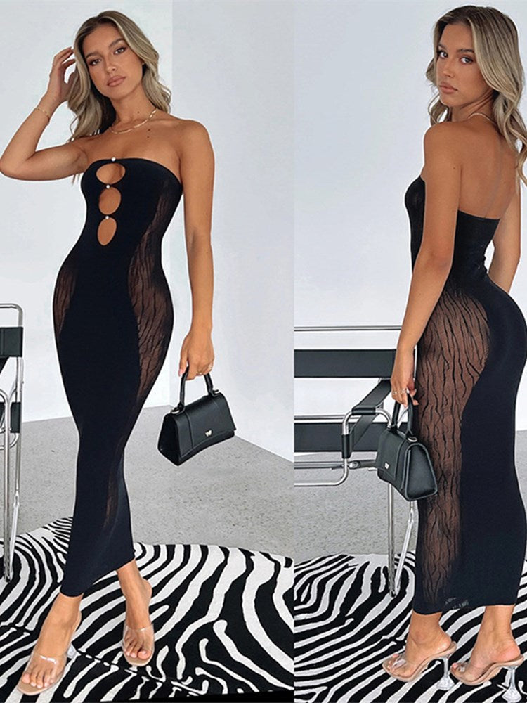 wjfzqm off shoulder sleeveless strapless hollow out bodycon dresses black sexy women party dress 2022 summer solid long dresses
