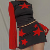 black and red stars print slit mini skirt crop tops set