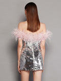 silver sequin strapless backless with feathers dress