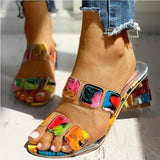 square stitches multi colors sandals
