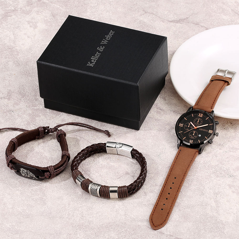 quartz brown leather wolf braided watch jewelry set