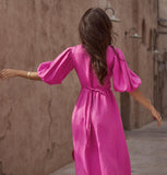 v neck with puff sleeve wrap dress