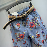 high waist loose fit floral cropped jeans