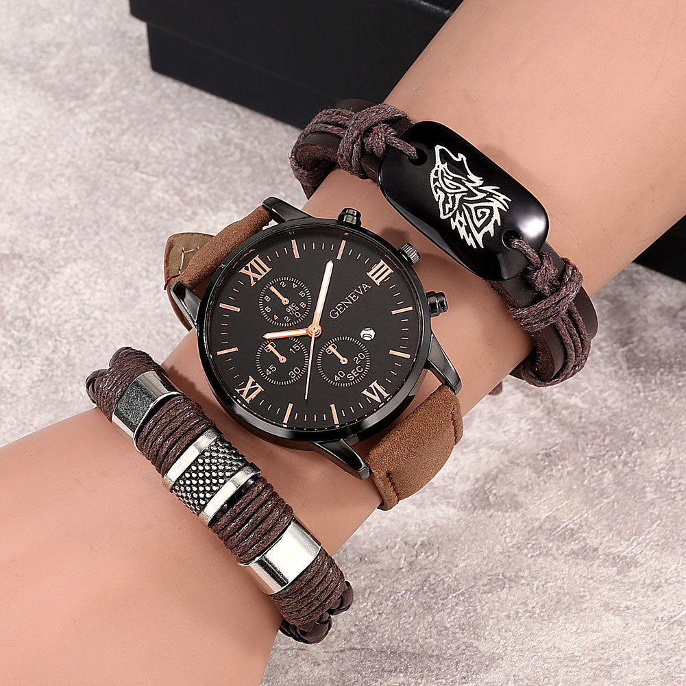 quartz brown leather wolf braided watch jewelry set