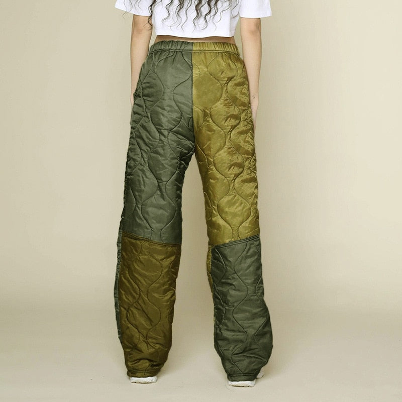 quilted puffy patchwork straight leg pants
