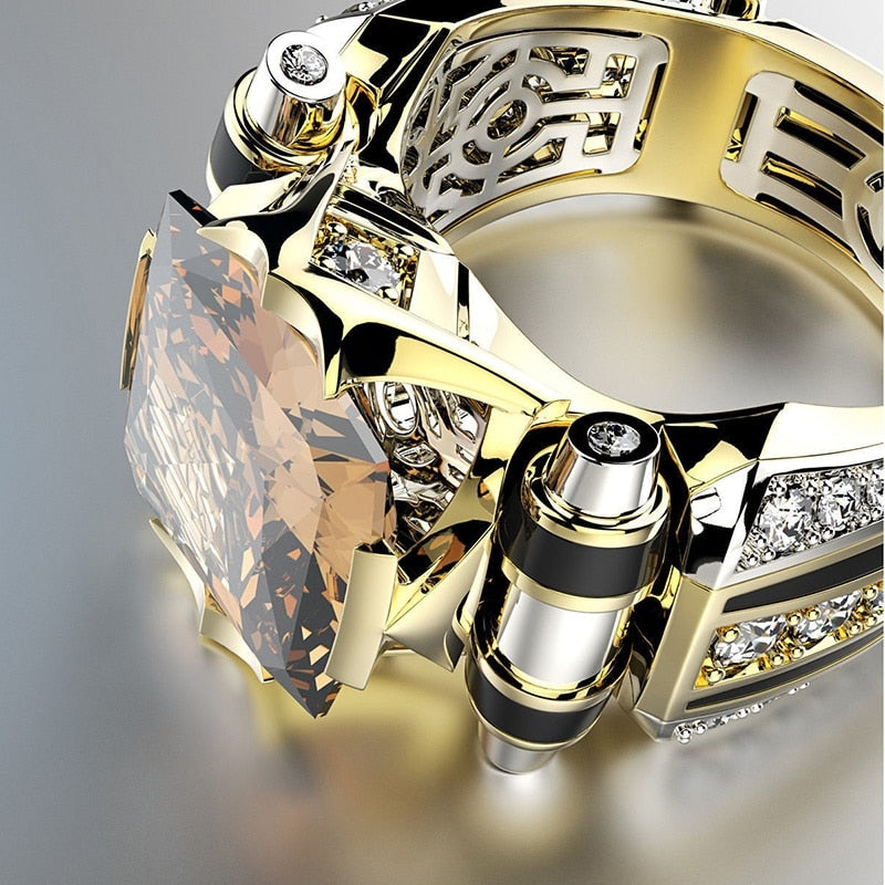 metal gold color inlay yellow stone zircon punk ring