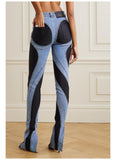 slim patchwork contrast color split flared jeans