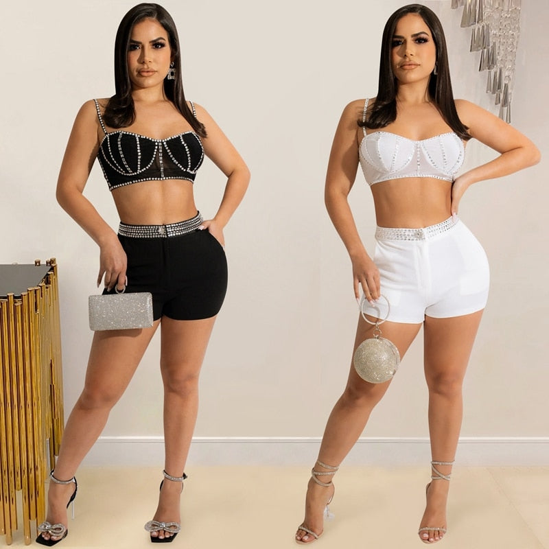 rhinestone crop top with matching shorts sets