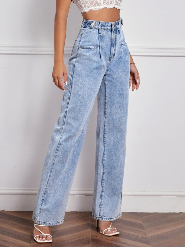 high waist with button decor loose casual mom jeans