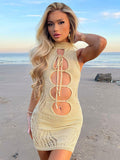 hollow lace up stand collar sleeveless tunic beach dress