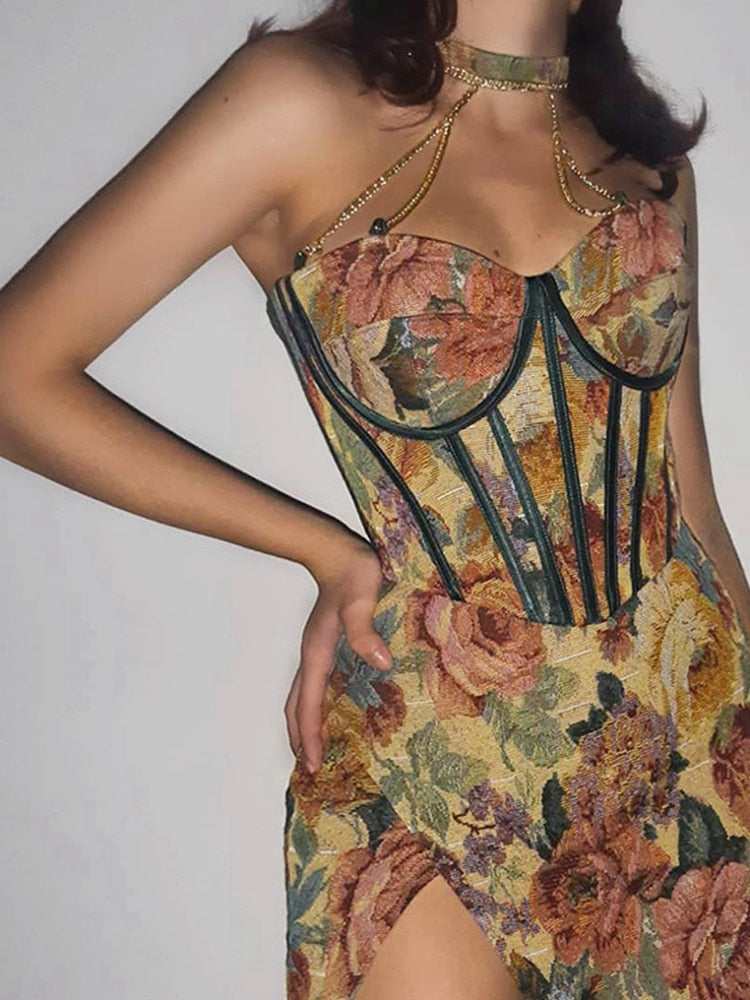 chain vintage backless floral print dress