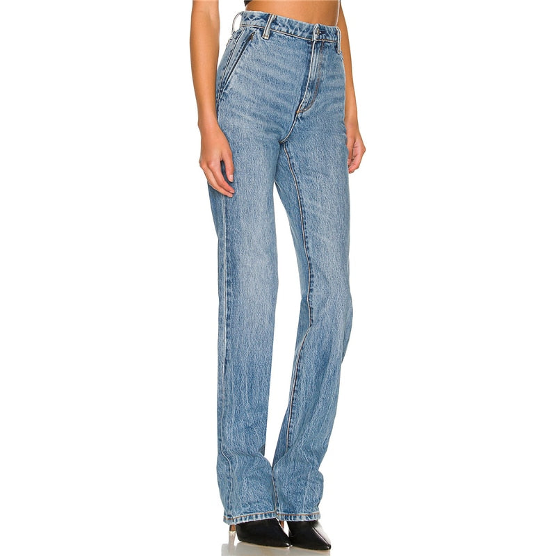 high waist washed stretch straight denim trousers