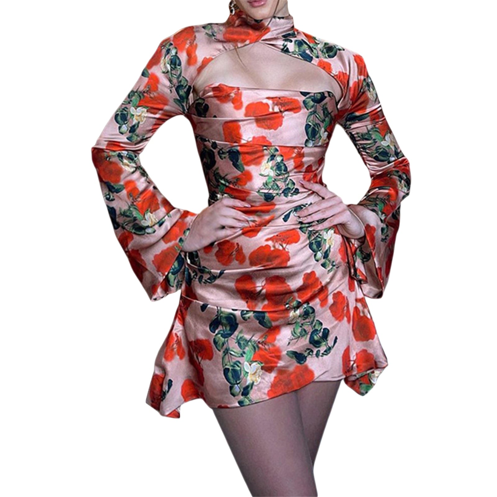 floral print high neck hollow out long flared sleeve dress
